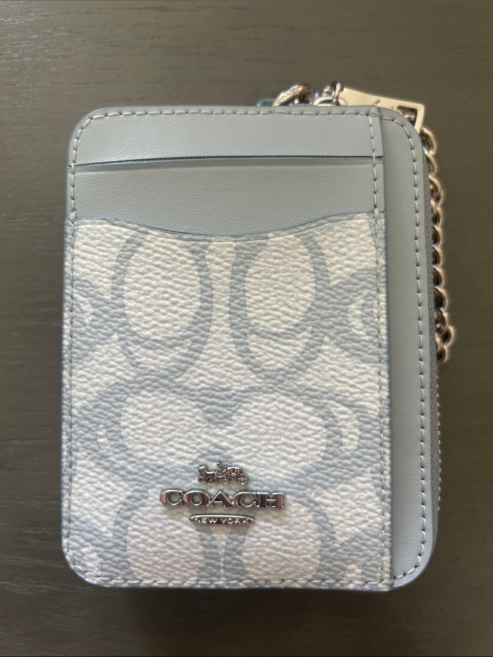 Coach Pale Blue Signature Card Case with Silver Hardware